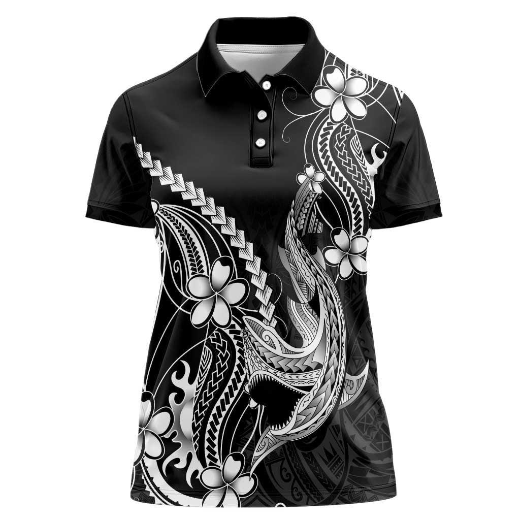 Black Aloha Hawaii Women Polo Shirt Polynesian Shark Tattoo With Plumeria LT14 Female Black - Polynesian Pride