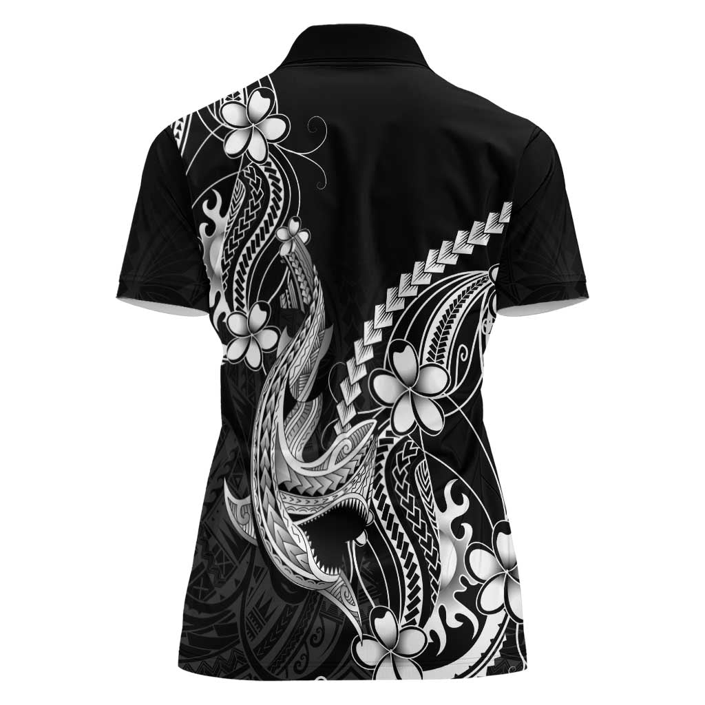 Black Aloha Hawaii Women Polo Shirt Polynesian Shark Tattoo With Plumeria LT14 - Polynesian Pride