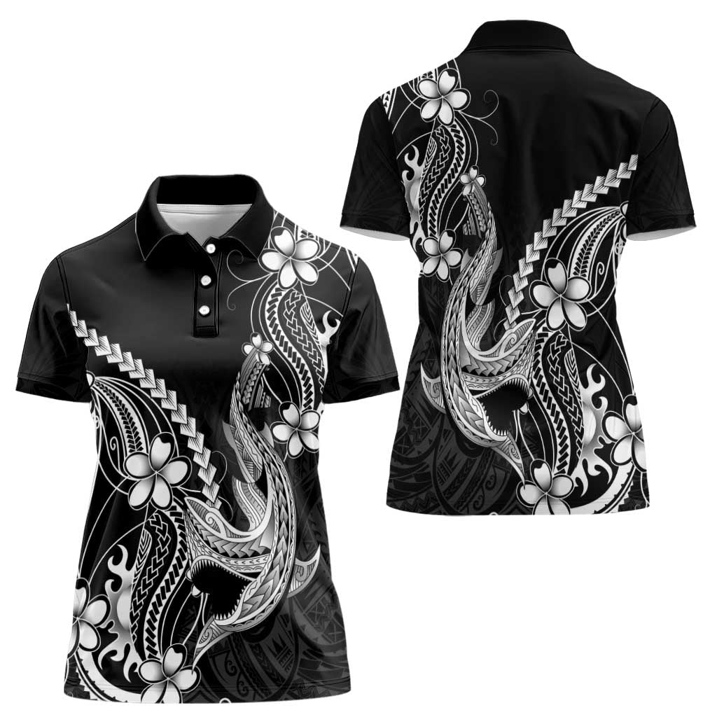 Black Aloha Hawaii Women Polo Shirt Polynesian Shark Tattoo With Plumeria LT14 - Polynesian Pride
