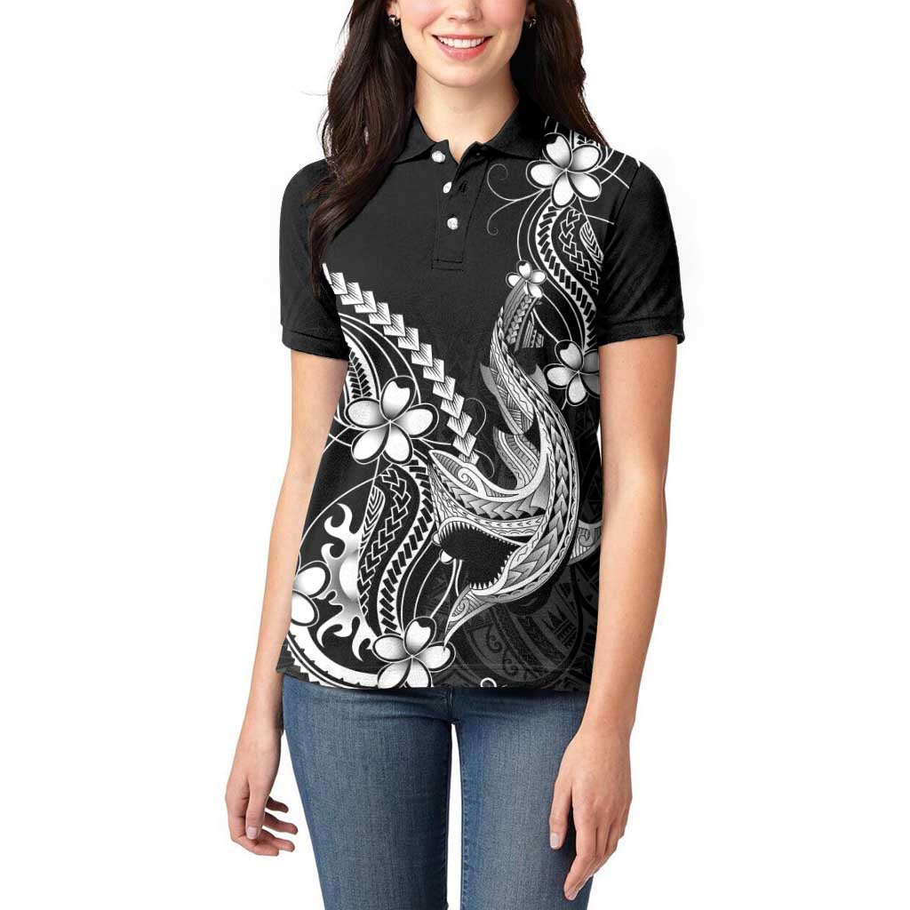 Black Aloha Hawaii Women Polo Shirt Polynesian Shark Tattoo With Plumeria LT14 - Polynesian Pride