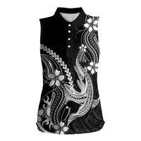 Black Aloha Hawaii Women Sleeveless Polo Shirt Polynesian Shark Tattoo With Plumeria LT14 Female Black - Polynesian Pride