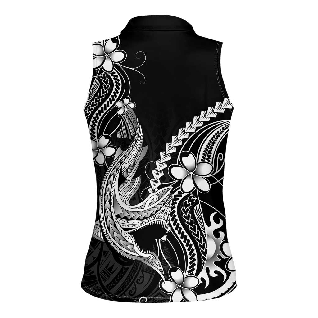 Black Aloha Hawaii Women Sleeveless Polo Shirt Polynesian Shark Tattoo With Plumeria LT14 - Polynesian Pride