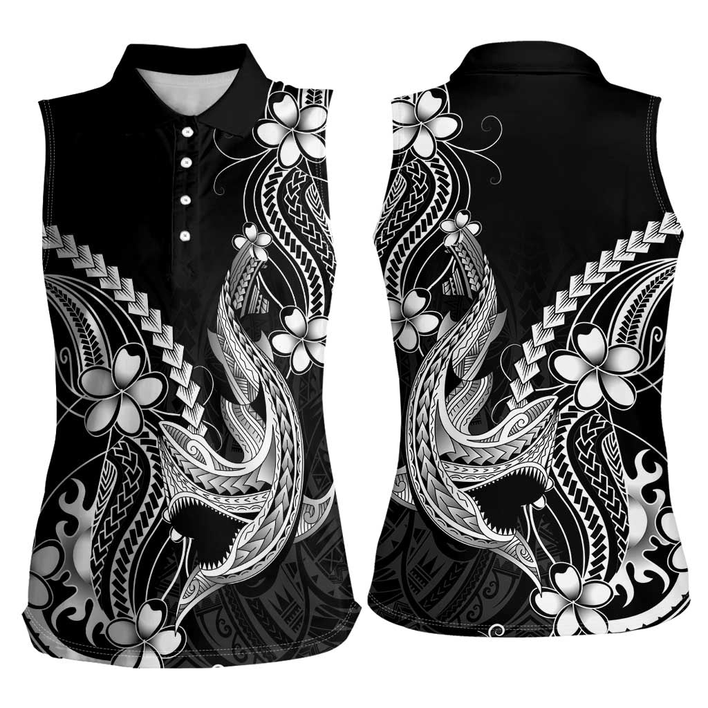 Black Aloha Hawaii Women Sleeveless Polo Shirt Polynesian Shark Tattoo With Plumeria LT14 - Polynesian Pride