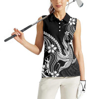 Black Aloha Hawaii Women Sleeveless Polo Shirt Polynesian Shark Tattoo With Plumeria LT14 - Polynesian Pride