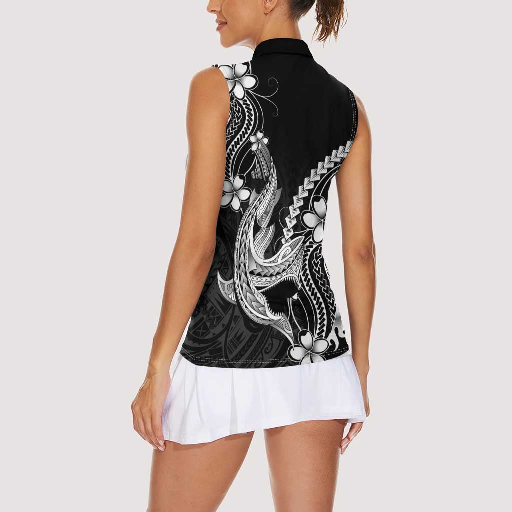 Black Aloha Hawaii Women Sleeveless Polo Shirt Polynesian Shark Tattoo With Plumeria LT14 - Polynesian Pride