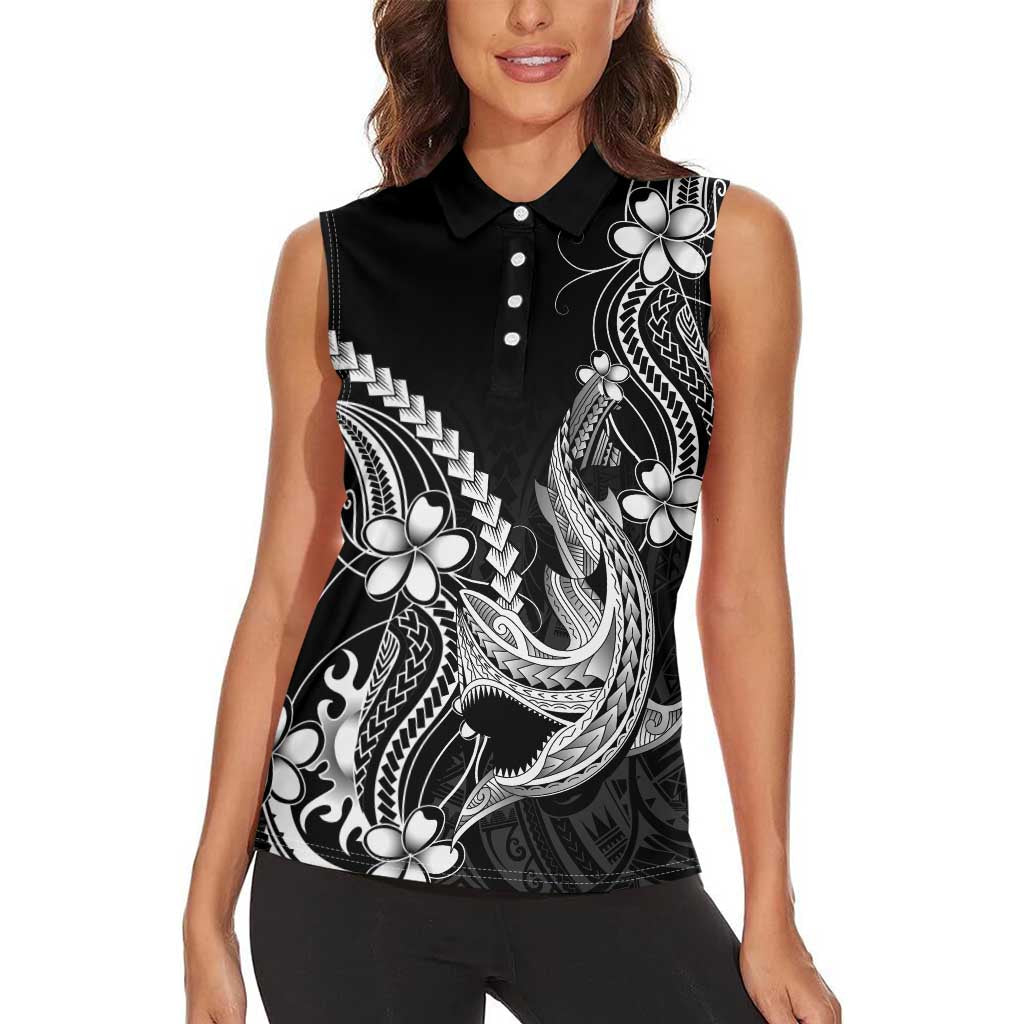 Black Aloha Hawaii Women Sleeveless Polo Shirt Polynesian Shark Tattoo With Plumeria LT14 - Polynesian Pride