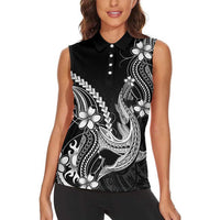 Black Aloha Hawaii Women Sleeveless Polo Shirt Polynesian Shark Tattoo With Plumeria LT14 - Polynesian Pride