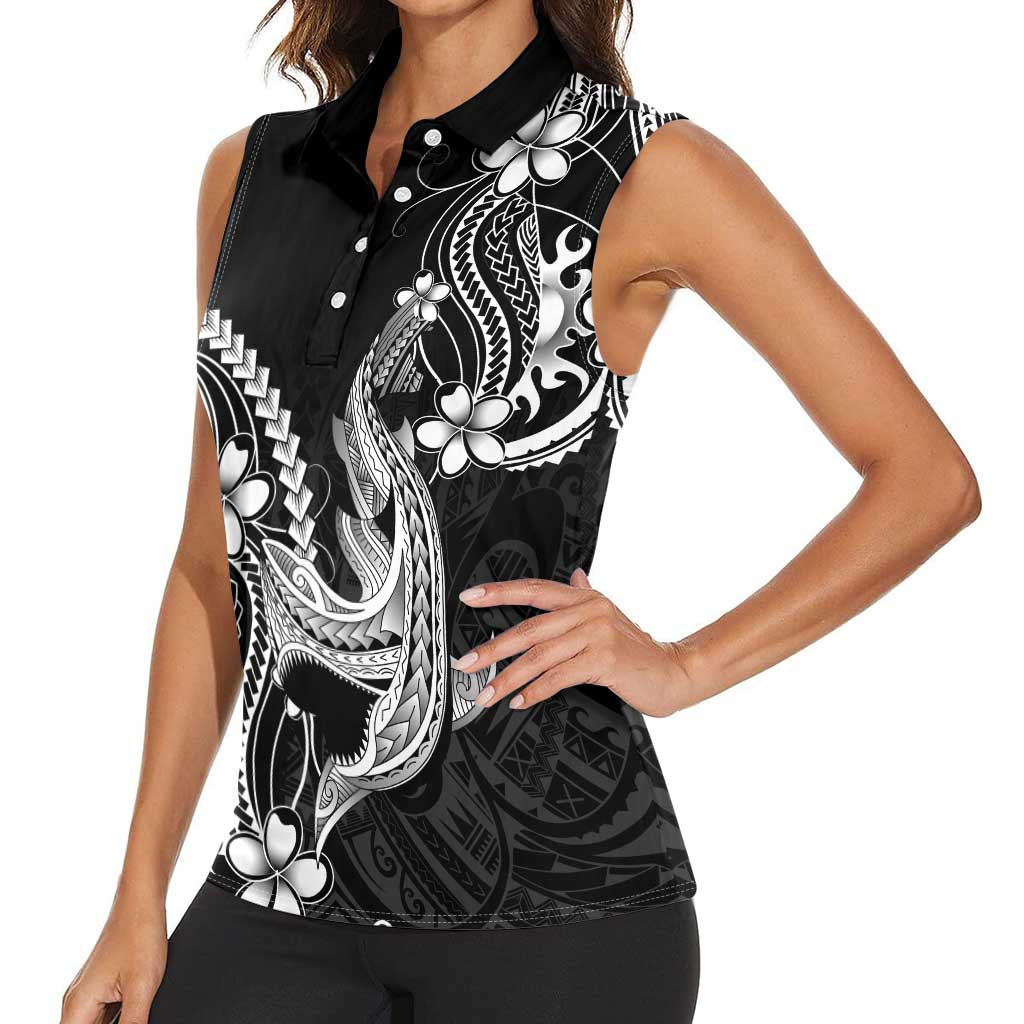 Black Aloha Hawaii Women Sleeveless Polo Shirt Polynesian Shark Tattoo With Plumeria LT14 - Polynesian Pride