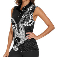 Black Aloha Hawaii Women Sleeveless Polo Shirt Polynesian Shark Tattoo With Plumeria LT14 - Polynesian Pride