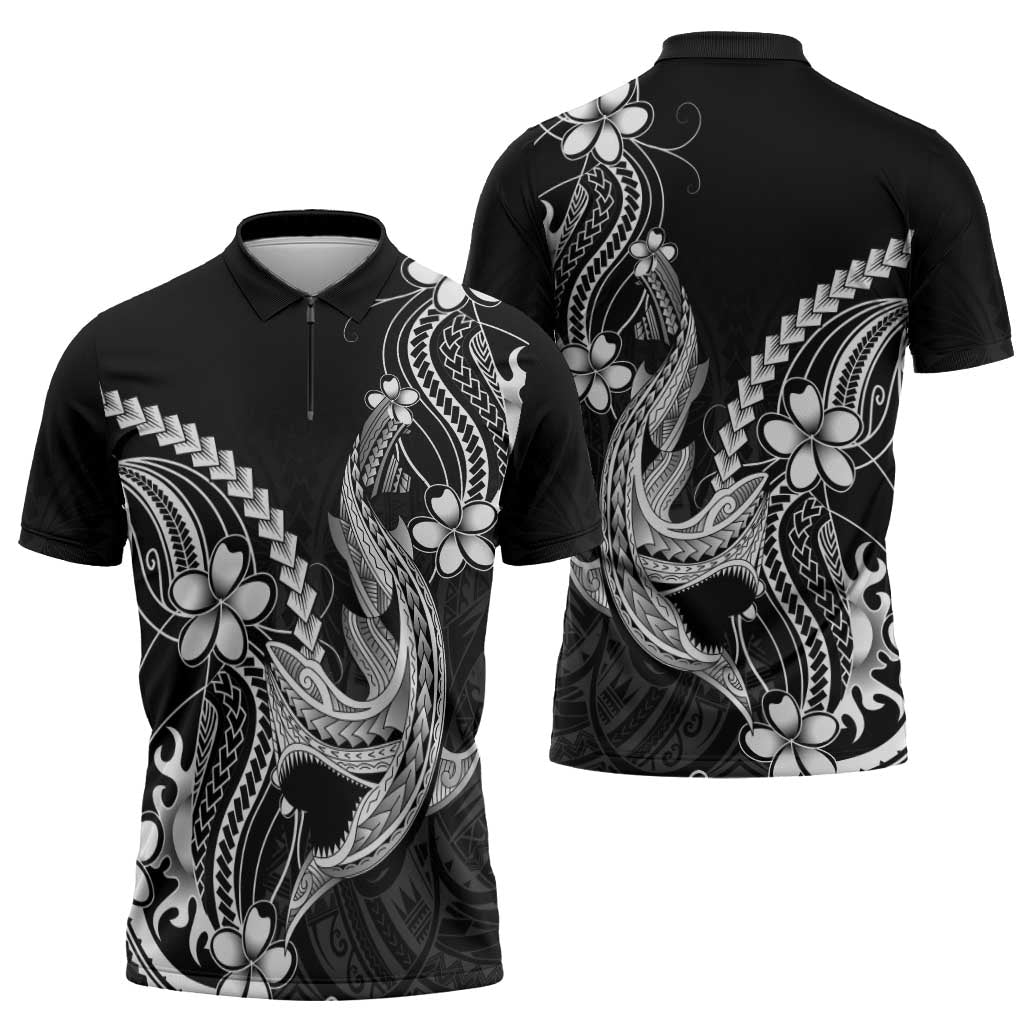 Black Aloha Hawaii Zipper Polo Shirt Polynesian Shark Tattoo With Plumeria - Polynesian Pride