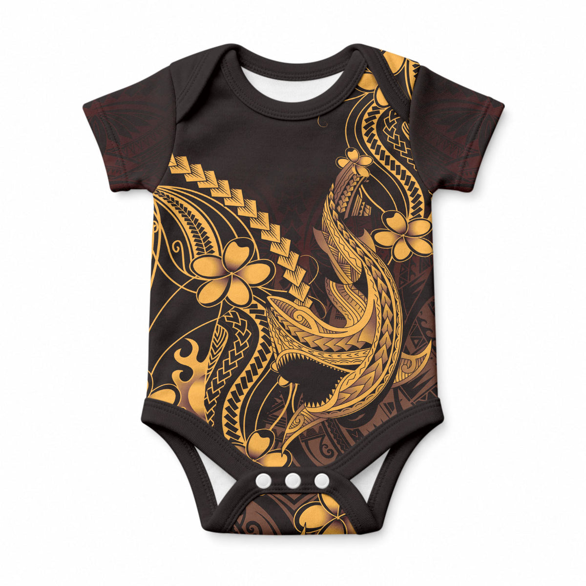 Gold Black Aloha Hawaii Baby Onesie Polynesian Shark Tattoo With Plumeria