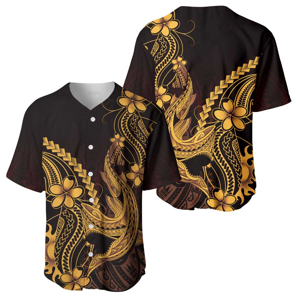 Gold Black Aloha Hawaii Baseball Jersey Polynesian Shark Tattoo With Plumeria - Polynesian Pride
