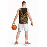 Gold Black Aloha Hawaii Basketball Jersey Polynesian Shark Tattoo With Plumeria - Polynesian Pride