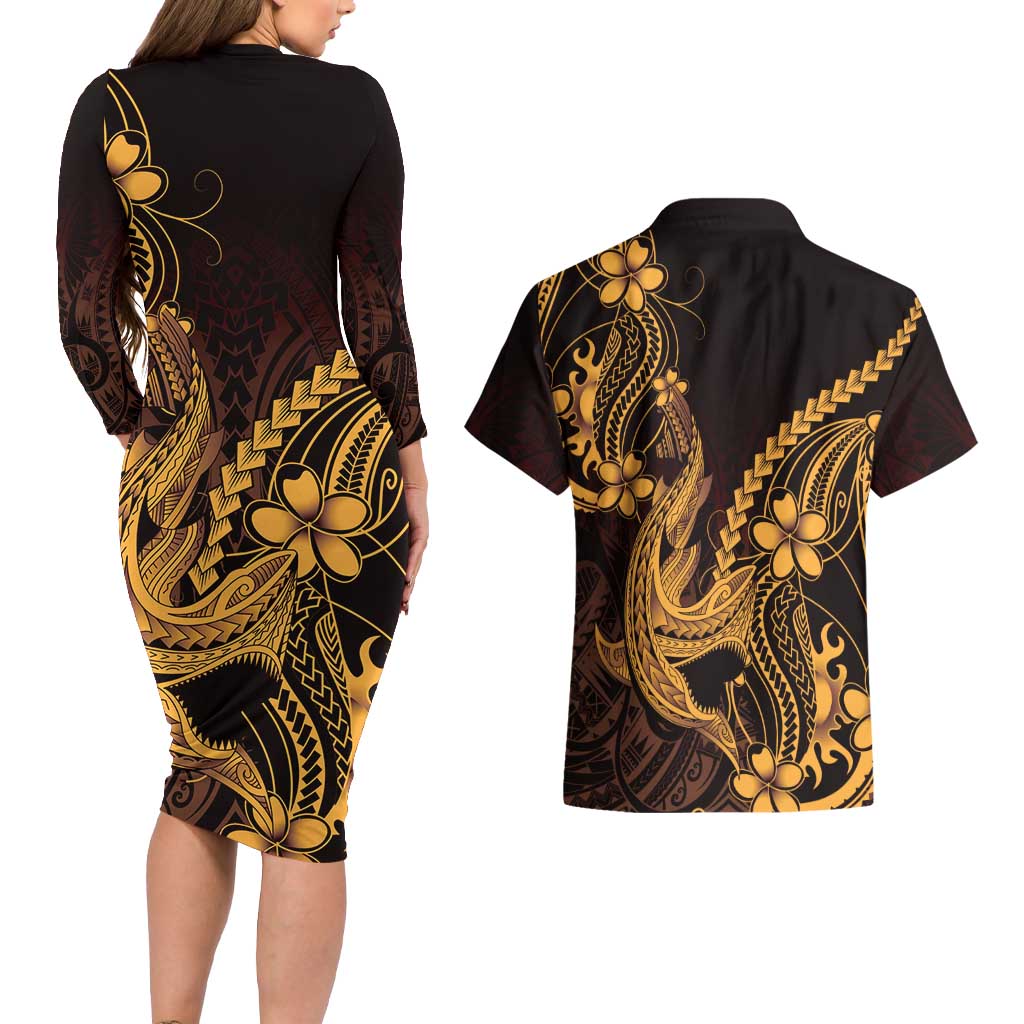 Gold Black Aloha Hawaii Couples Matching Long Sleeve Bodycon Dress and Hawaiian Shirt Polynesian Shark Tattoo With Plumeria LT14 - Polynesian Pride