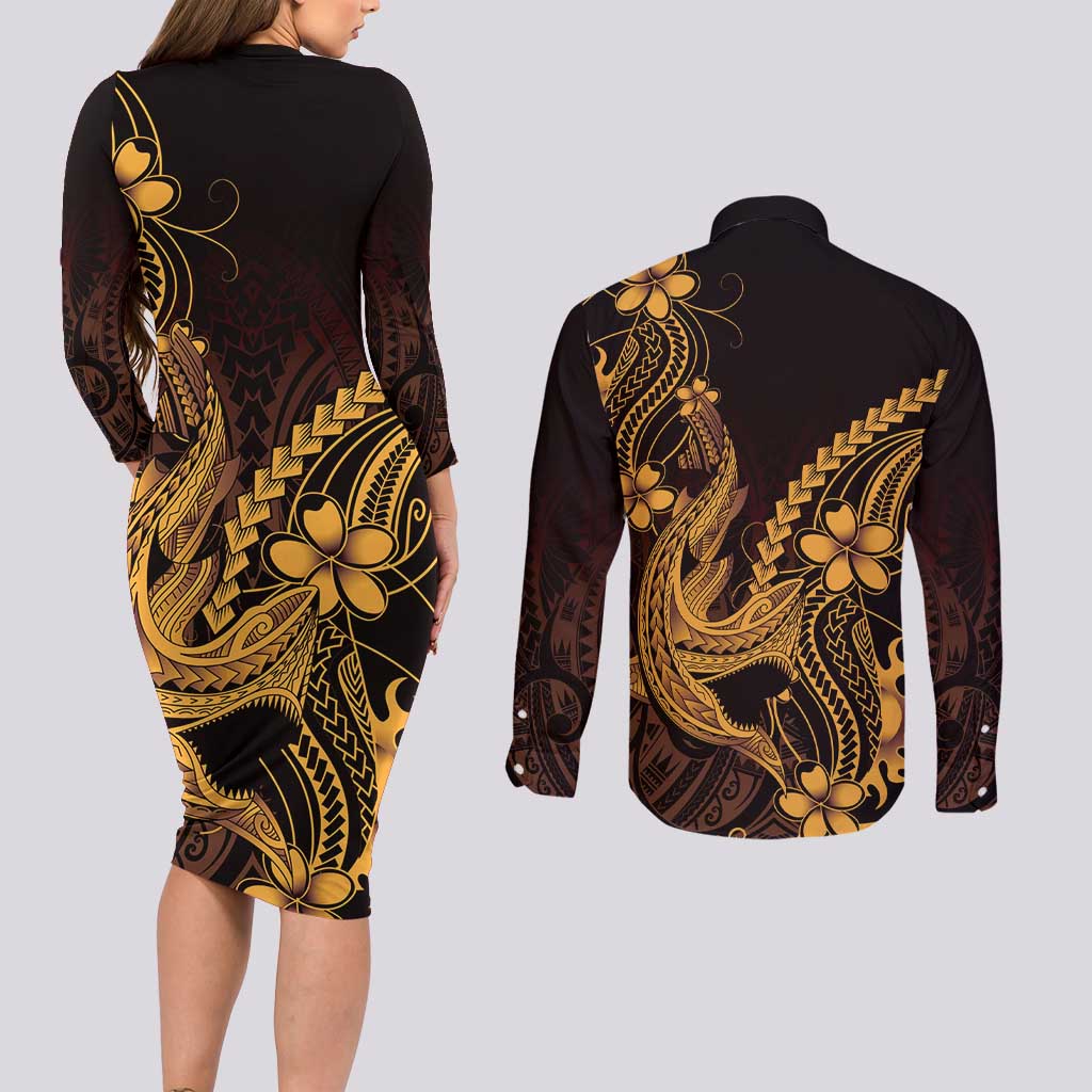 Gold Black Aloha Hawaii Couples Matching Long Sleeve Bodycon Dress and Long Sleeve Button Shirt Polynesian Shark Tattoo With Plumeria LT14 - Polynesian Pride