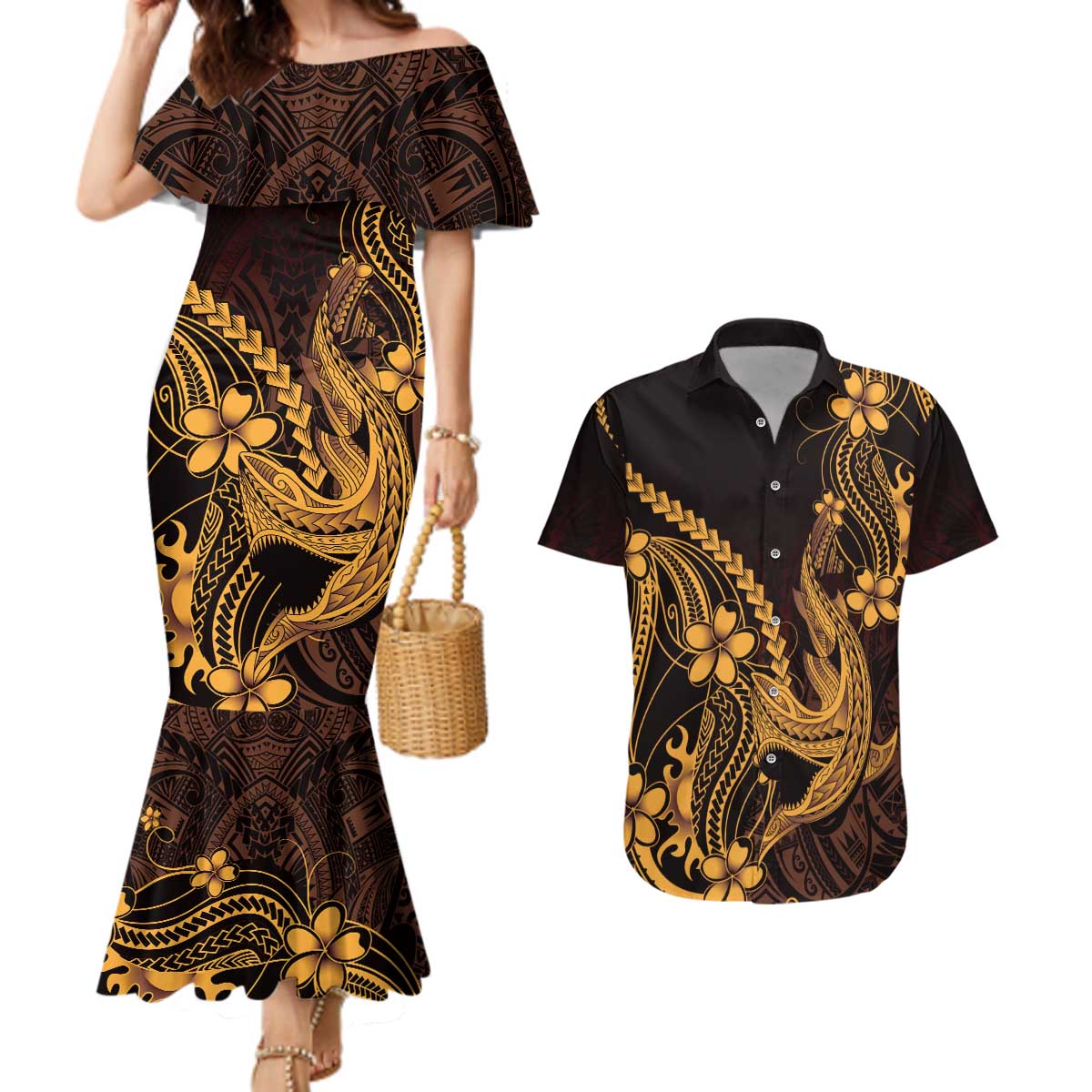 Gold Black Aloha Hawaii Couples Matching Mermaid Dress and Hawaiian Shirt Polynesian Shark Tattoo With Plumeria LT14 Gold - Polynesian Pride