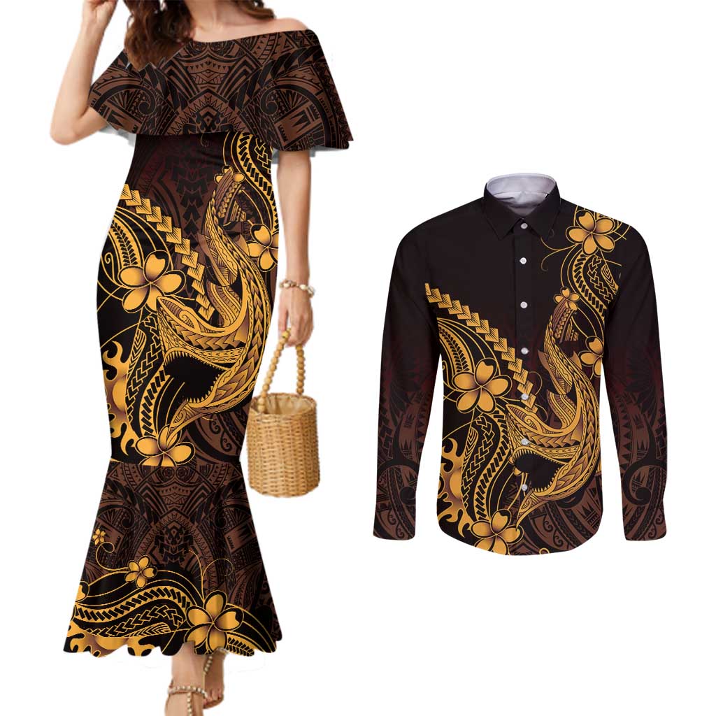 Gold Black Aloha Hawaii Couples Matching Mermaid Dress and Long Sleeve Button Shirt Polynesian Shark Tattoo With Plumeria LT14 Gold - Polynesian Pride