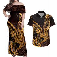 Gold Black Aloha Hawaii Couples Matching Off Shoulder Maxi Dress and Hawaiian Shirt Polynesian Shark Tattoo With Plumeria LT14 Gold - Polynesian Pride