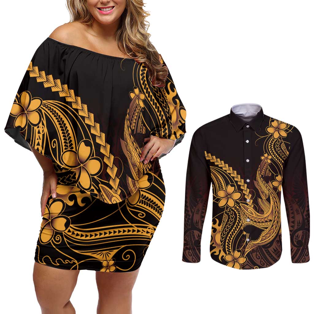 Gold Black Aloha Hawaii Couples Matching Off Shoulder Short Dress and Long Sleeve Button Shirt Polynesian Shark Tattoo With Plumeria LT14 Gold - Polynesian Pride