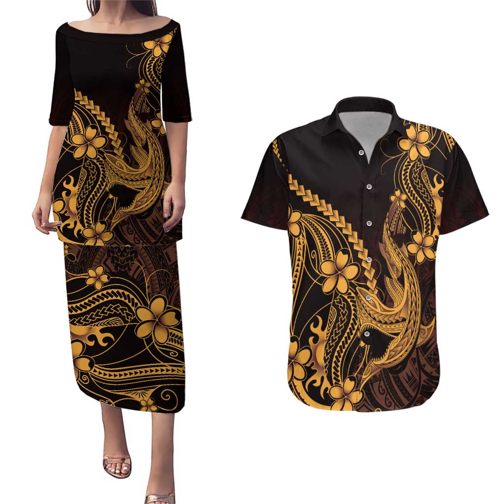 Gold Black Aloha Hawaii Couples Matching Puletasi and Hawaiian Shirt Polynesian Shark Tattoo With Plumeria - Polynesian Pride