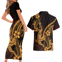 Gold Black Aloha Hawaii Couples Matching Short Sleeve Bodycon Dress and Hawaiian Shirt Polynesian Shark Tattoo With Plumeria LT14 - Polynesian Pride
