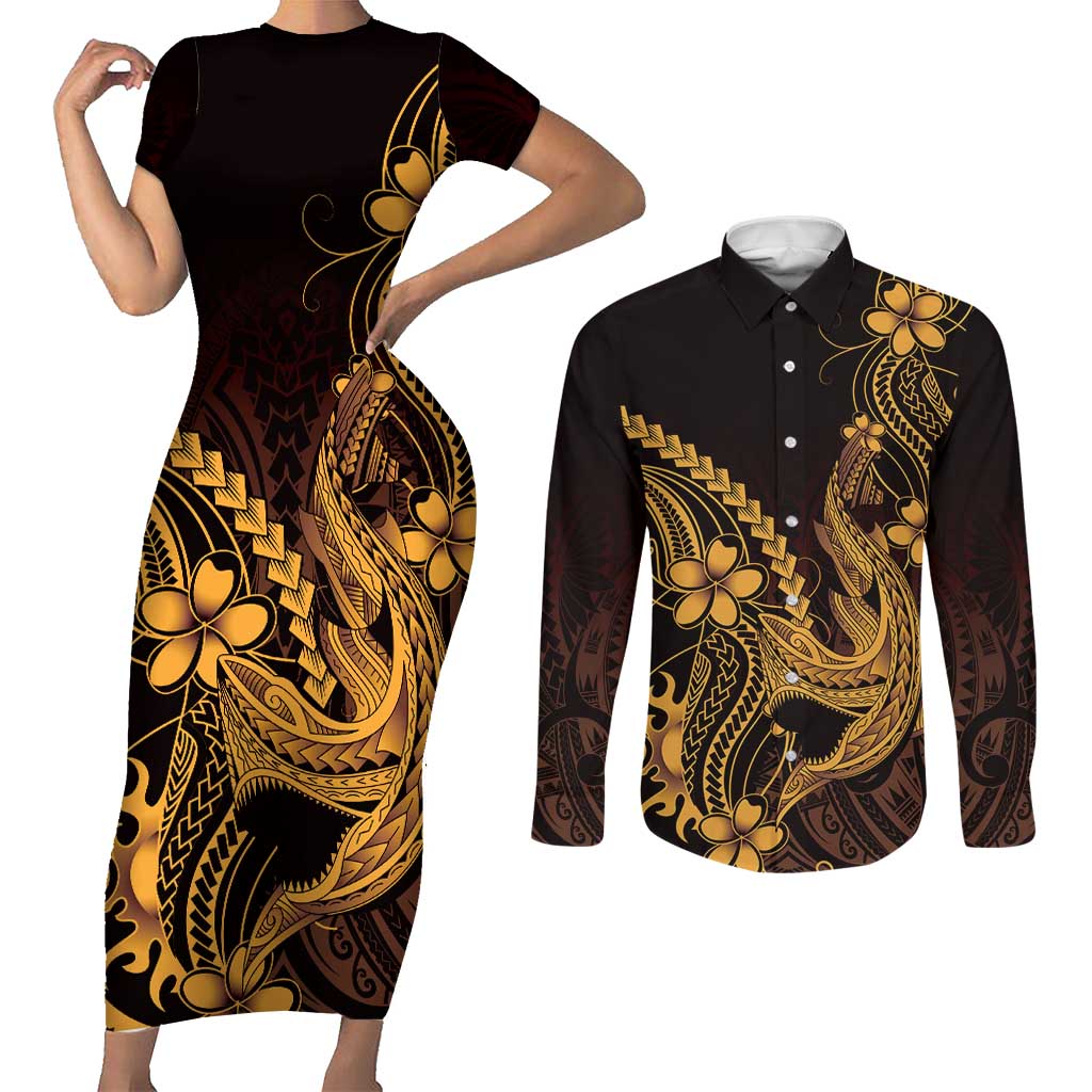 Gold Black Aloha Hawaii Couples Matching Short Sleeve Bodycon Dress and Long Sleeve Button Shirt Polynesian Shark Tattoo With Plumeria LT14 Gold - Polynesian Pride
