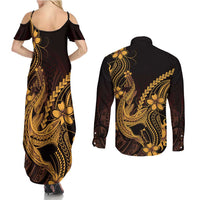 Gold Black Aloha Hawaii Couples Matching Summer Maxi Dress and Long Sleeve Button Shirt Polynesian Shark Tattoo With Plumeria LT14 - Polynesian Pride