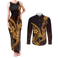 Gold Black Aloha Hawaii Couples Matching Tank Maxi Dress and Long Sleeve Button Shirt Polynesian Shark Tattoo With Plumeria LT14 Gold - Polynesian Pride