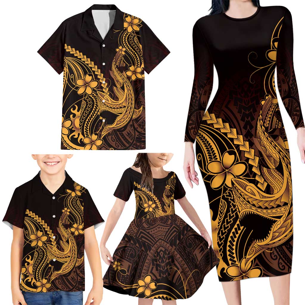 Gold Black Aloha Hawaii Family Matching Long Sleeve Bodycon Dress and Hawaiian Shirt Polynesian Shark Tattoo With Plumeria LT14 - Polynesian Pride