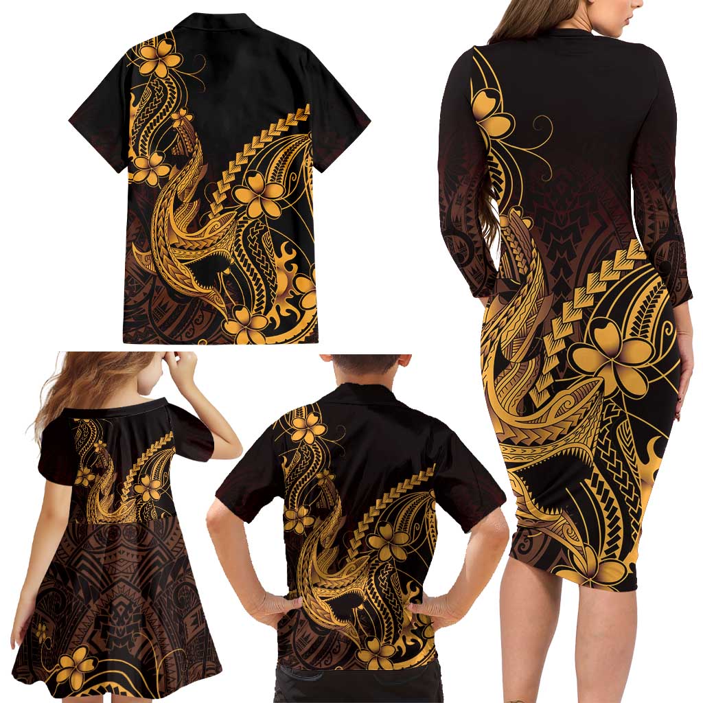 Gold Black Aloha Hawaii Family Matching Long Sleeve Bodycon Dress and Hawaiian Shirt Polynesian Shark Tattoo With Plumeria LT14 - Polynesian Pride