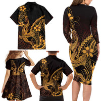 Gold Black Aloha Hawaii Family Matching Long Sleeve Bodycon Dress and Hawaiian Shirt Polynesian Shark Tattoo With Plumeria LT14 - Polynesian Pride