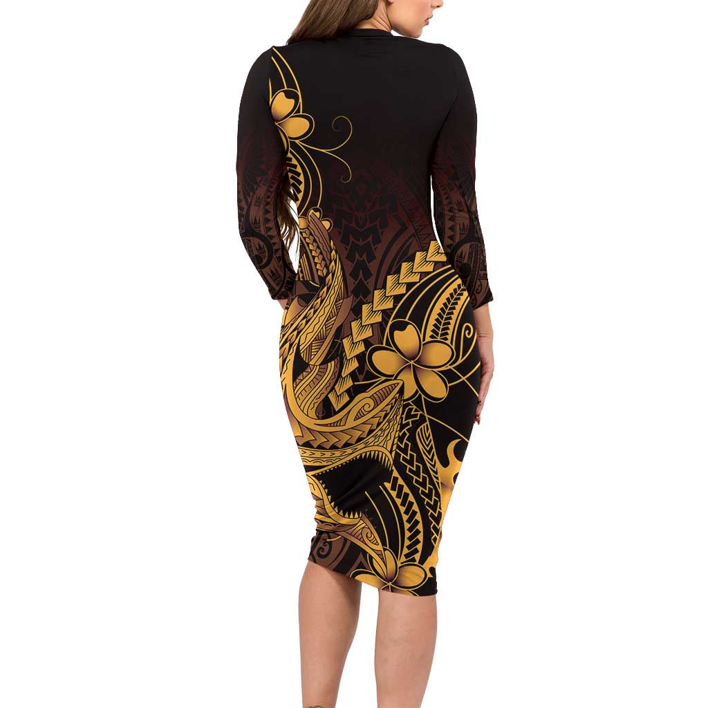 Gold Black Aloha Hawaii Family Matching Long Sleeve Bodycon Dress and Hawaiian Shirt Polynesian Shark Tattoo With Plumeria LT14 - Polynesian Pride