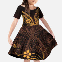 Gold Black Aloha Hawaii Family Matching Mermaid Dress and Hawaiian Shirt Polynesian Shark Tattoo With Plumeria LT14 Daughter's Dress Gold - Polynesian Pride