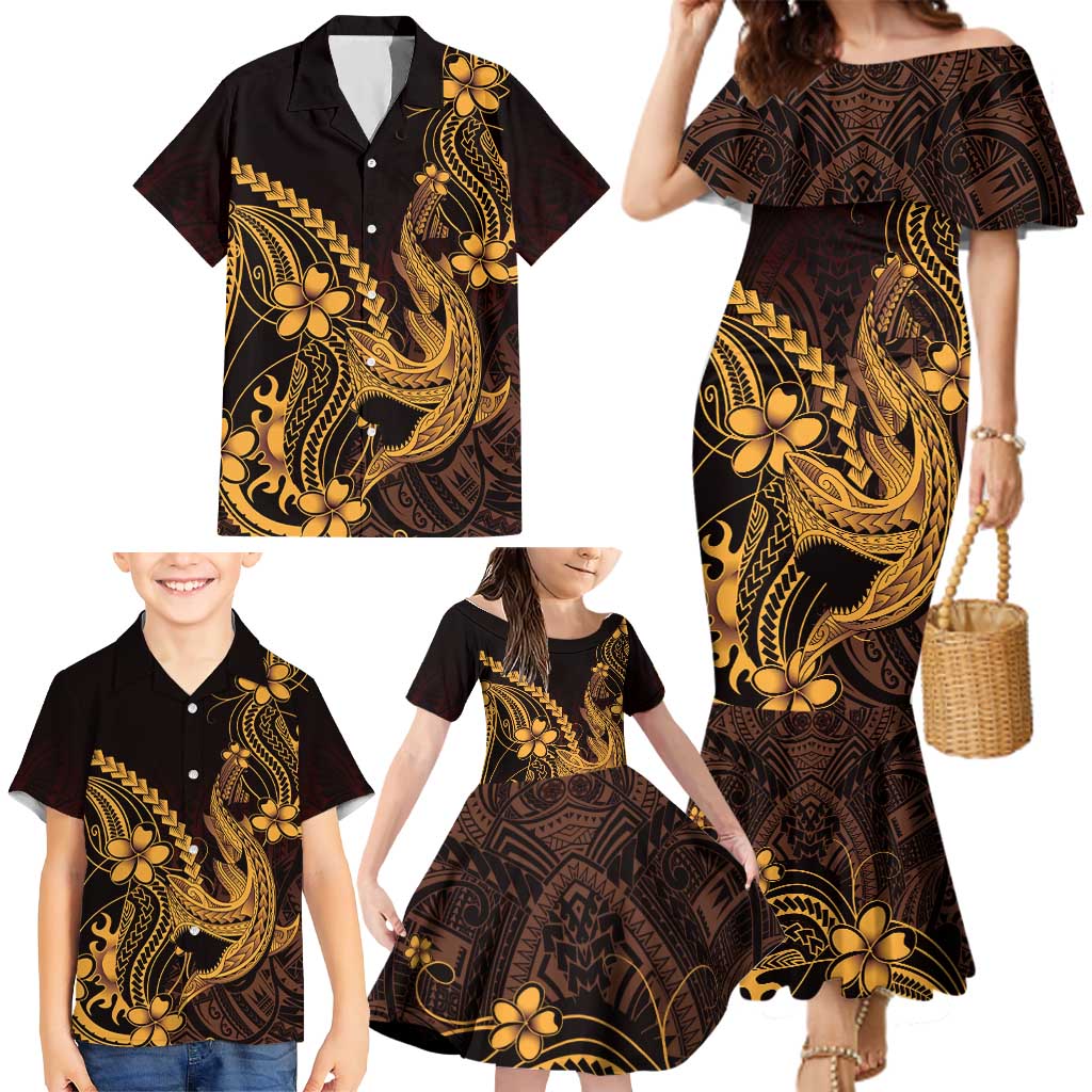 Gold Black Aloha Hawaii Family Matching Mermaid Dress and Hawaiian Shirt Polynesian Shark Tattoo With Plumeria LT14 - Polynesian Pride