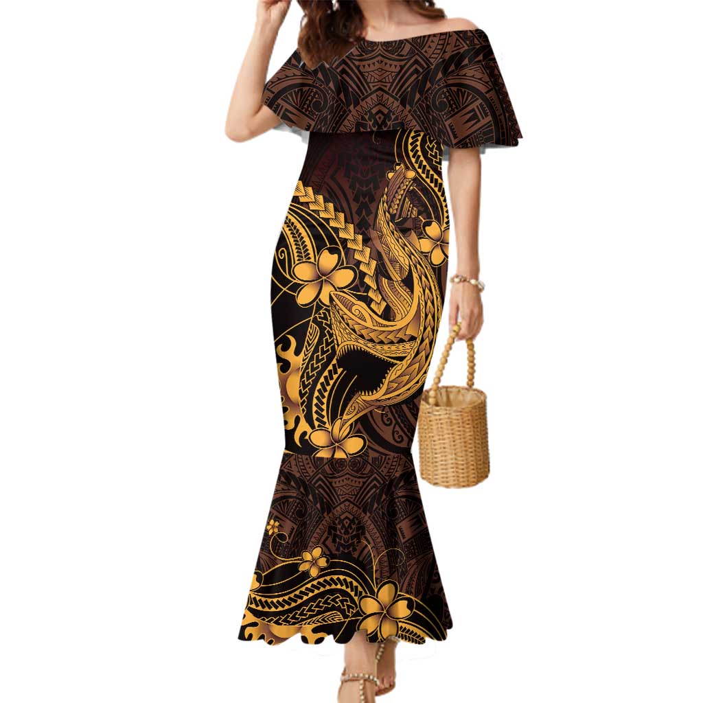 Gold Black Aloha Hawaii Family Matching Mermaid Dress and Hawaiian Shirt Polynesian Shark Tattoo With Plumeria LT14 Mom's Dress Gold - Polynesian Pride