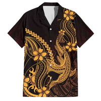 Gold Black Aloha Hawaii Family Matching Off The Shoulder Long Sleeve Dress and Hawaiian Shirt Polynesian Shark Tattoo With Plumeria LT14 Dad's Shirt - Short Sleeve Gold - Polynesian Pride
