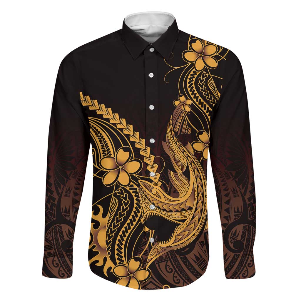 Gold Black Aloha Hawaii Family Matching Off The Shoulder Long Sleeve Dress and Hawaiian Shirt Polynesian Shark Tattoo With Plumeria LT14 Dad's Shirt - Long Sleeve Gold - Polynesian Pride
