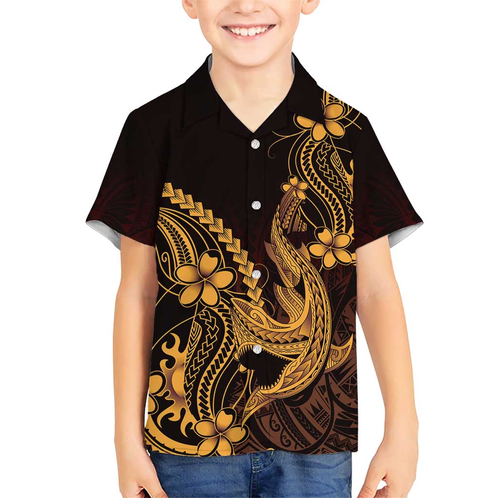 Gold Black Aloha Hawaii Family Matching Off Shoulder Maxi Dress and Hawaiian Shirt Polynesian Shark Tattoo With Plumeria LT14 Son's Shirt Gold - Polynesian Pride
