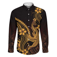 Gold Black Aloha Hawaii Family Matching Off Shoulder Short Dress and Hawaiian Shirt Polynesian Shark Tattoo With Plumeria LT14 Dad's Shirt - Long Sleeve Gold - Polynesian Pride