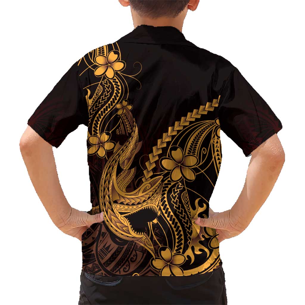 Gold Black Aloha Hawaii Family Matching Short Sleeve Bodycon Dress and Hawaiian Shirt Polynesian Shark Tattoo With Plumeria LT14 - Polynesian Pride