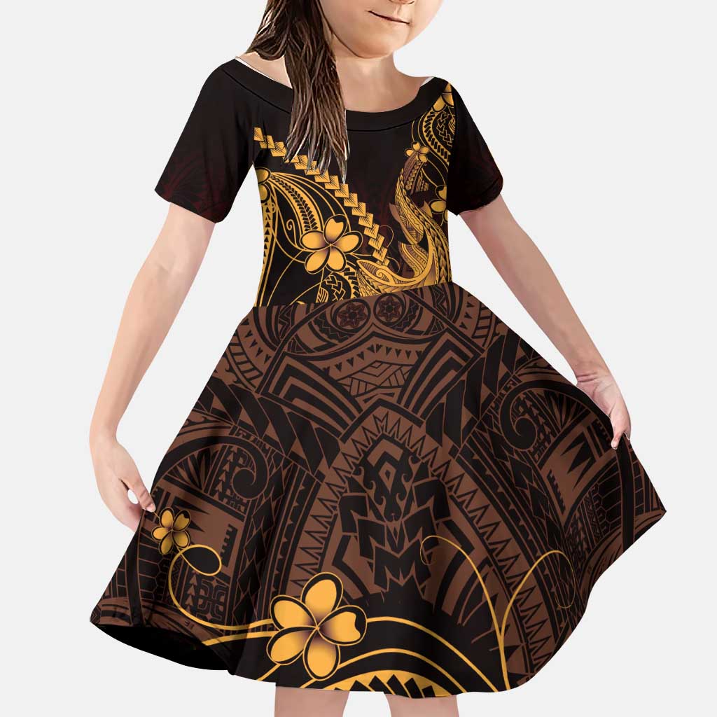 Gold Black Aloha Hawaii Family Matching Short Sleeve Bodycon Dress and Hawaiian Shirt Polynesian Shark Tattoo With Plumeria LT14 Daughter's Dress Gold - Polynesian Pride