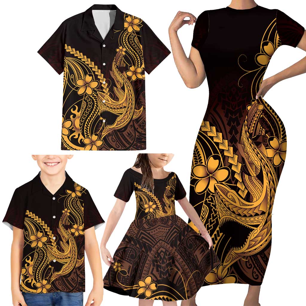 Gold Black Aloha Hawaii Family Matching Short Sleeve Bodycon Dress and Hawaiian Shirt Polynesian Shark Tattoo With Plumeria LT14 - Polynesian Pride