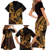 Gold Black Aloha Hawaii Family Matching Short Sleeve Bodycon Dress and Hawaiian Shirt Polynesian Shark Tattoo With Plumeria LT14 - Polynesian Pride