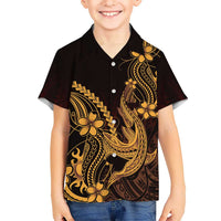 Gold Black Aloha Hawaii Family Matching Short Sleeve Bodycon Dress and Hawaiian Shirt Polynesian Shark Tattoo With Plumeria LT14 Son's Shirt Gold - Polynesian Pride