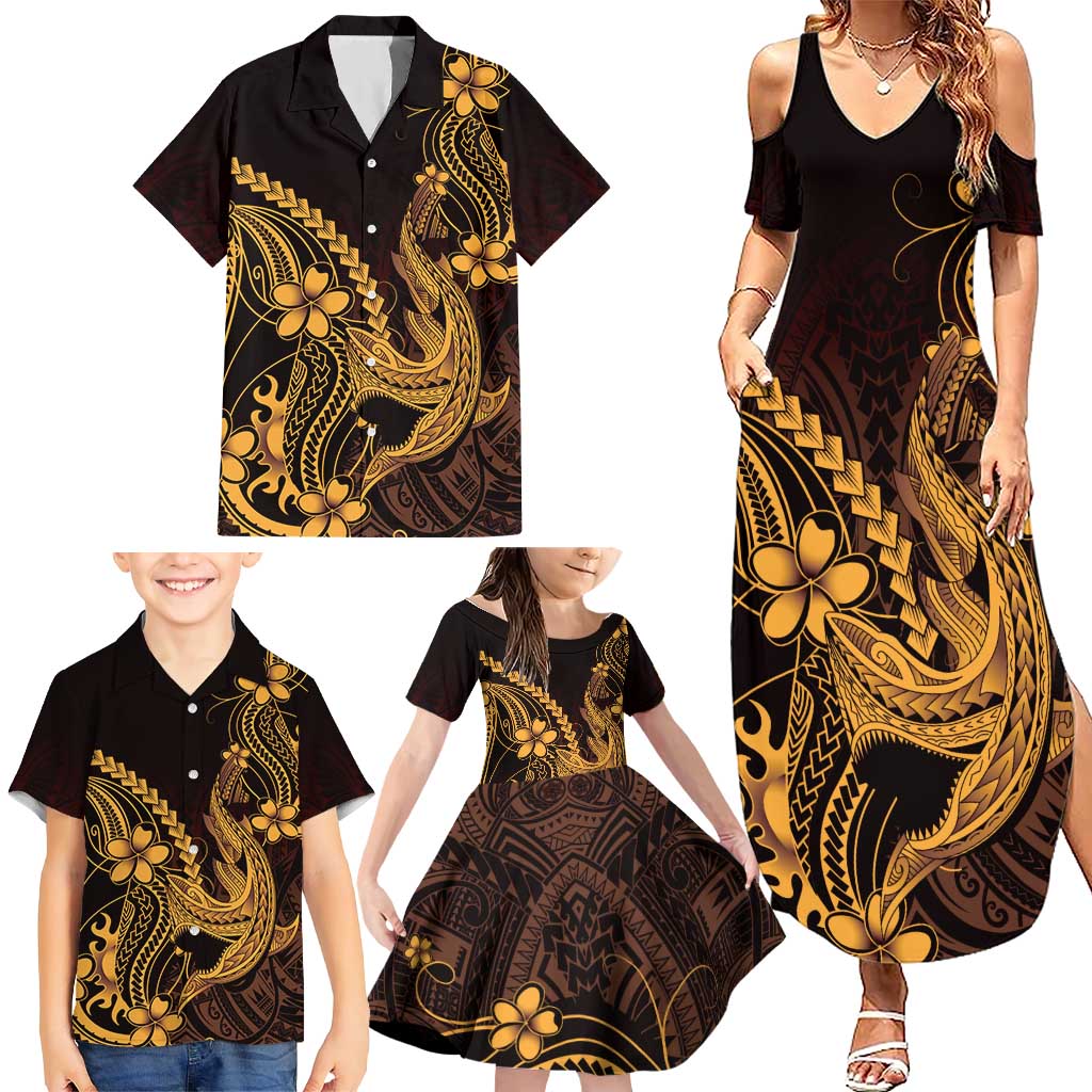 Gold Black Aloha Hawaii Family Matching Summer Maxi Dress and Hawaiian Shirt Polynesian Shark Tattoo With Plumeria - Polynesian Pride