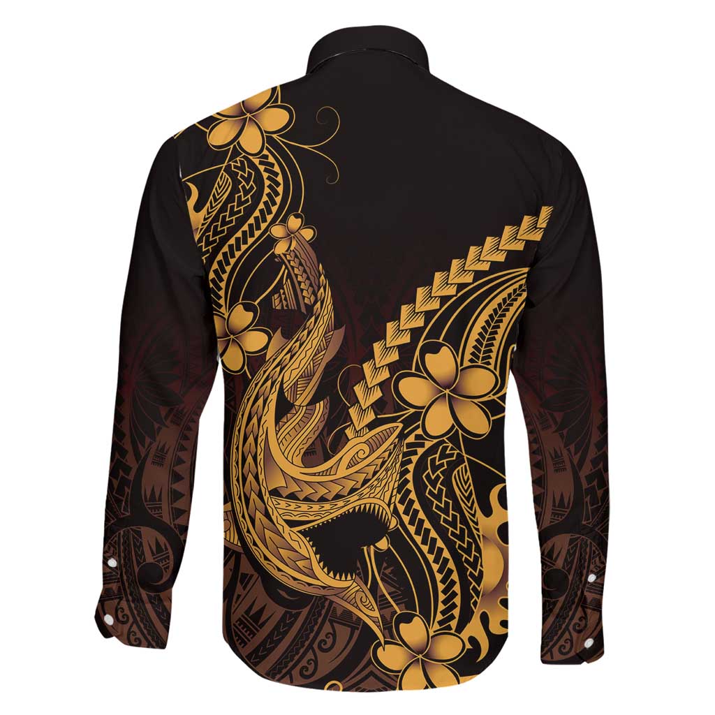 Gold Black Aloha Hawaii Family Matching Summer Maxi Dress and Hawaiian Shirt Polynesian Shark Tattoo With Plumeria LT14 - Polynesian Pride