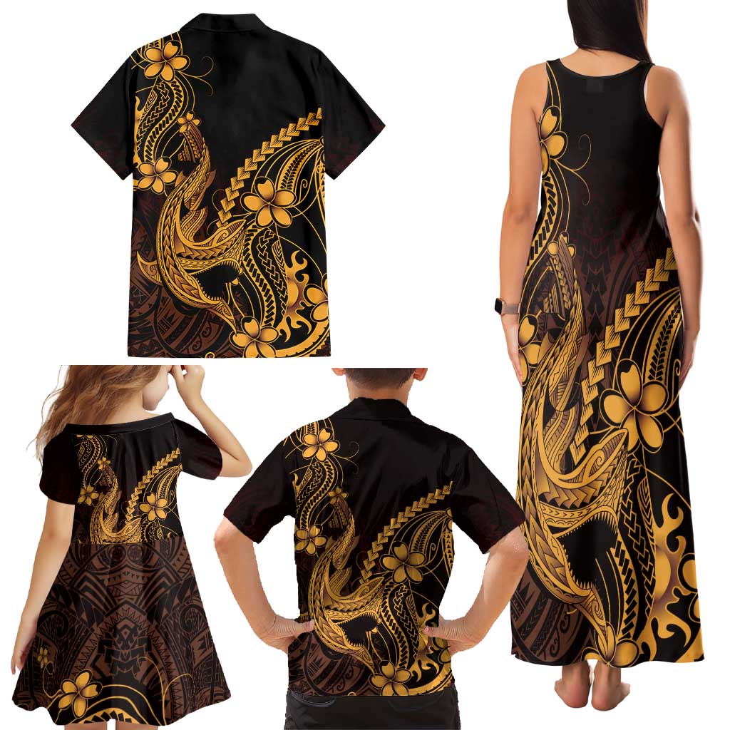 Gold Black Aloha Hawaii Family Matching Tank Maxi Dress and Hawaiian Shirt Polynesian Shark Tattoo With Plumeria LT14 - Polynesian Pride