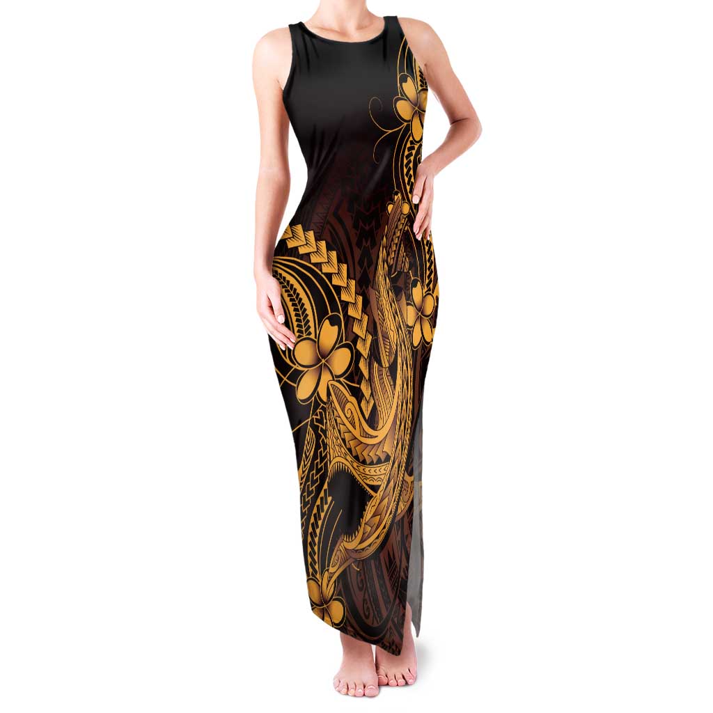 Gold Black Aloha Hawaii Family Matching Tank Maxi Dress and Hawaiian Shirt Polynesian Shark Tattoo With Plumeria LT14 Mom's Dress Gold - Polynesian Pride