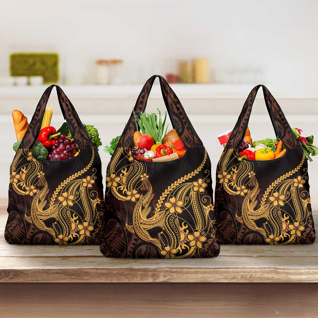 Gold Black Aloha Hawaii Grocery Bag Polynesian Shark Tattoo With Plumeria - Polynesian Pride