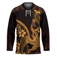 Gold Black Aloha Hawaii Hockey Jersey Polynesian Shark Tattoo With Plumeria - Polynesian Pride
